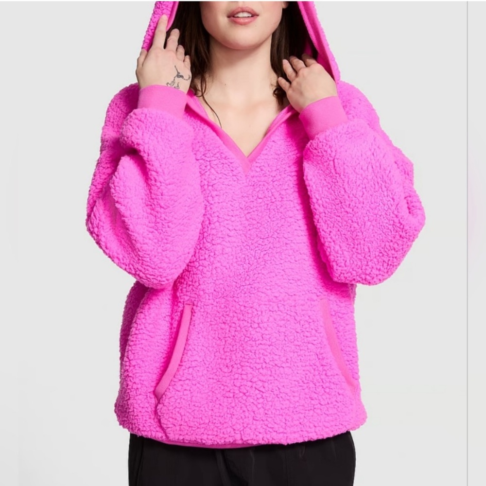 Victoria’s Secret PINK Cozy Fleece Sherpa Pullover Hoodie PINK BERRY Small. New!